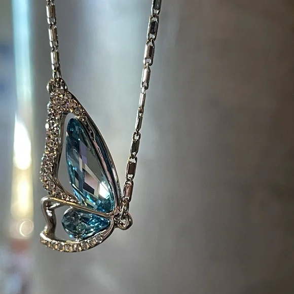 Blue & Silver Crystal Butterfly Wing Necklace - Picture 6 of 9